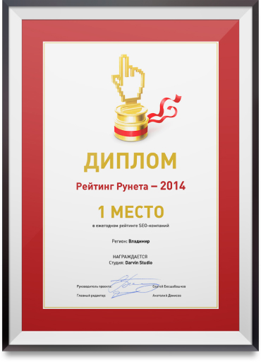 1 место в ежегодном рейтинге SEO-компаний. Регион: Владимир.